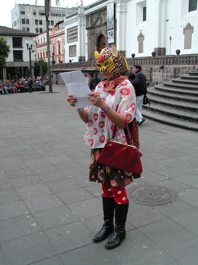 Ana Fernandez, October 9, 2008, 11am at the Plaza de la Independencia in Quito, Ecuador, interpreted performance directions by Jason Kunke entitled "Political Speech for a Hydra/Discurso para un pulpo."
